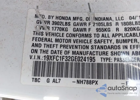 2016 Honda Civic Ex-T из США, поврежденный, VIN 19XFC1F32GE024195